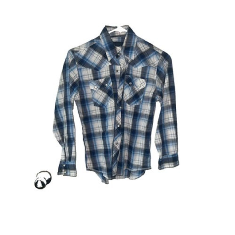 Wrangler Mens‎ L Long Sleeve Blue Plaid Pearl Snap Front Western Shirt